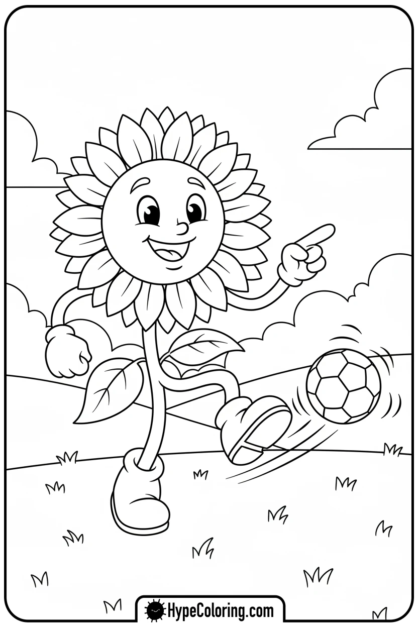 Click to download PDF sunflower-kicking-a-soccer-ball - color page sunflower