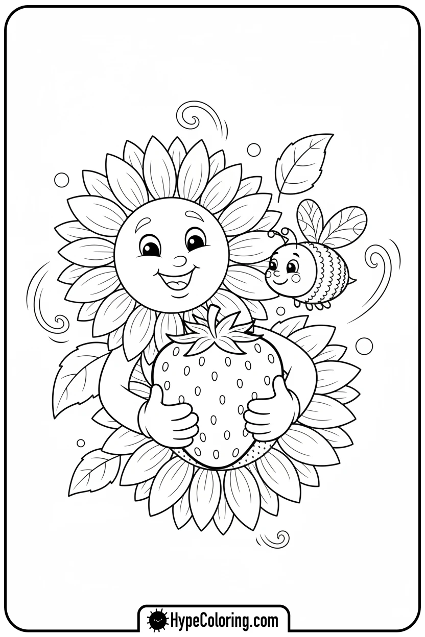 Click to download PDF sunflower-sharing-berry-with-bee - color page sunflower