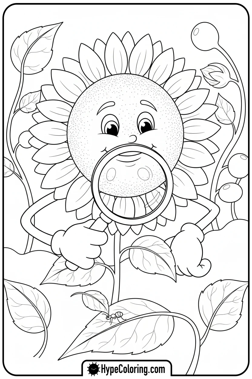 Click to download PDF sunflower-examining-ant-with-magnifying-glass - color page sunflower