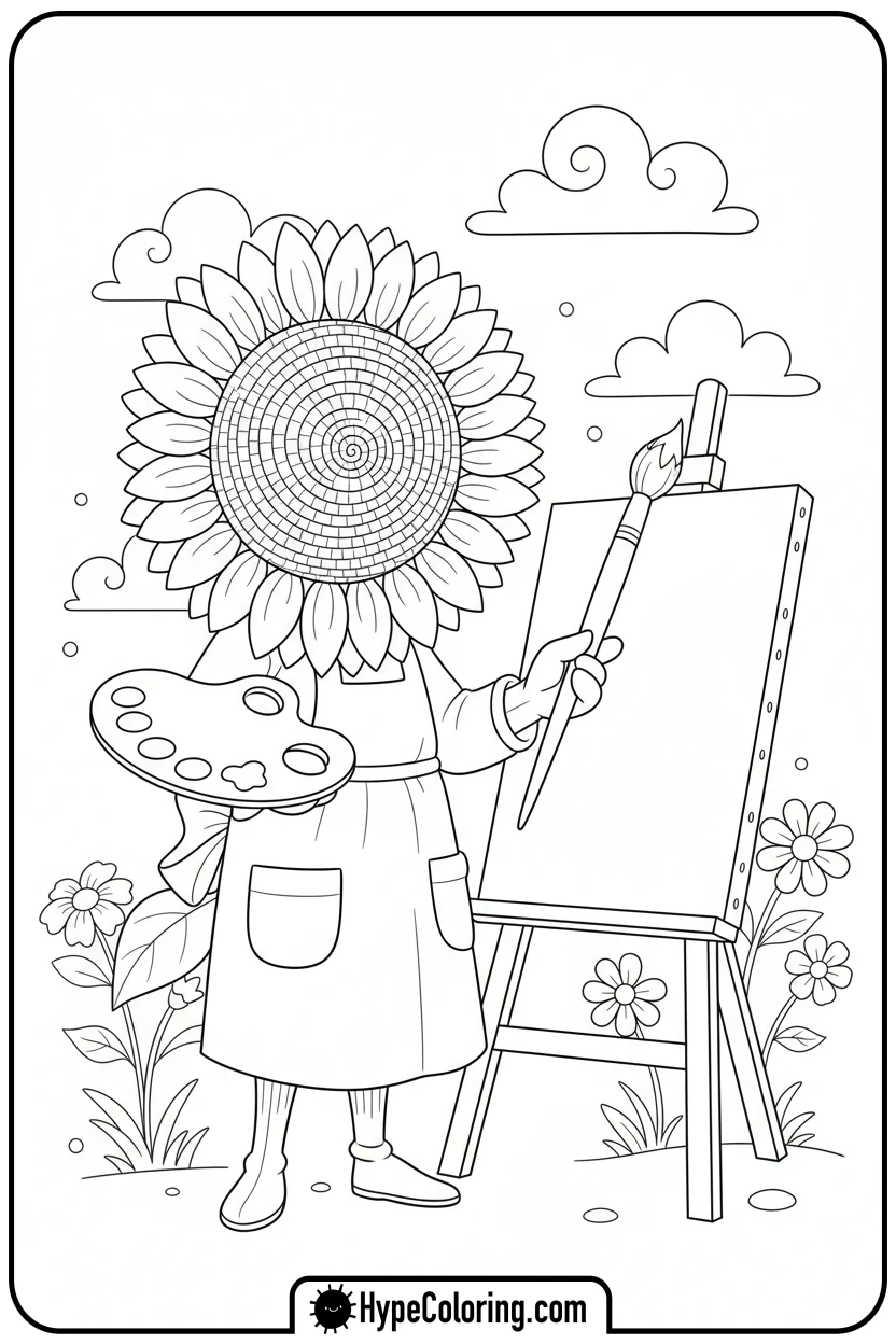 Click to download PDF sunflower-holding-paintbrush-and-palette - color page sunflower