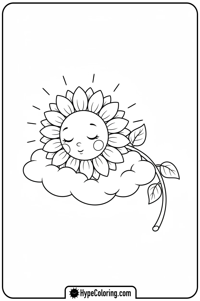 Click to download PDF sleeping-sunflower-floating-on-cloud - color page sunflower
