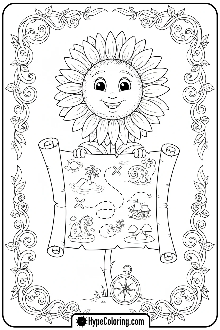 Click to download PDF sunflower-with-a-treasure-map - color page sunflower