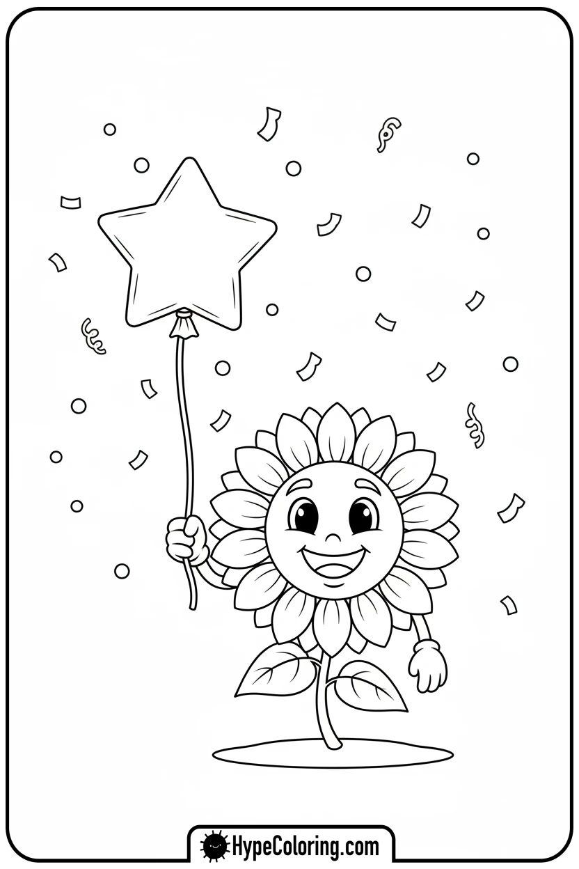 Click to download PDF sunflower-holding-a-star-balloon - color page sunflower