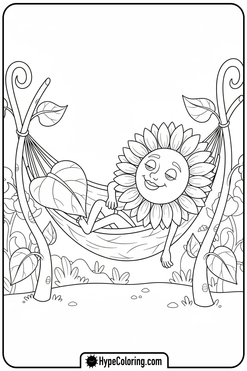 Click to download PDF sunflower-relaxing-in-a-leaf-hammock - color page sunflower