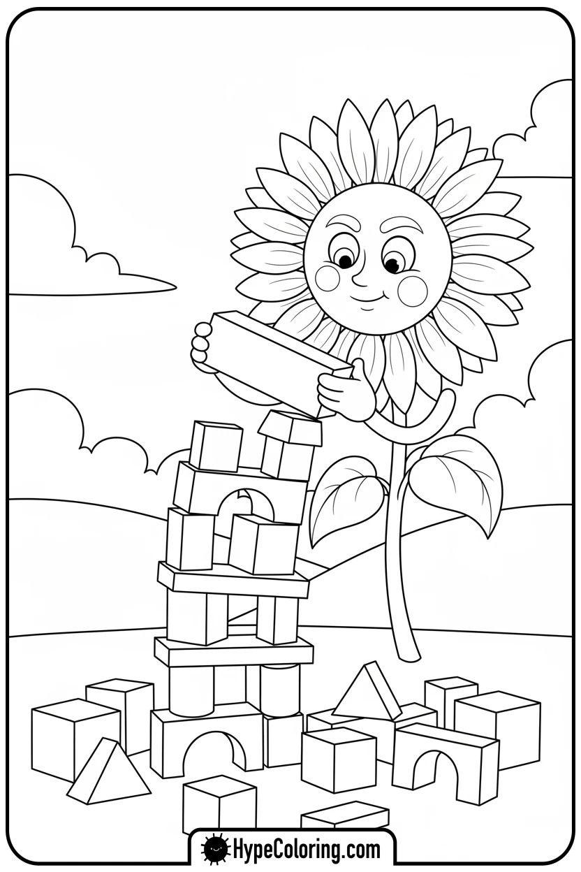 Click to download PDF sunflower-building-block-tower - color page sunflower