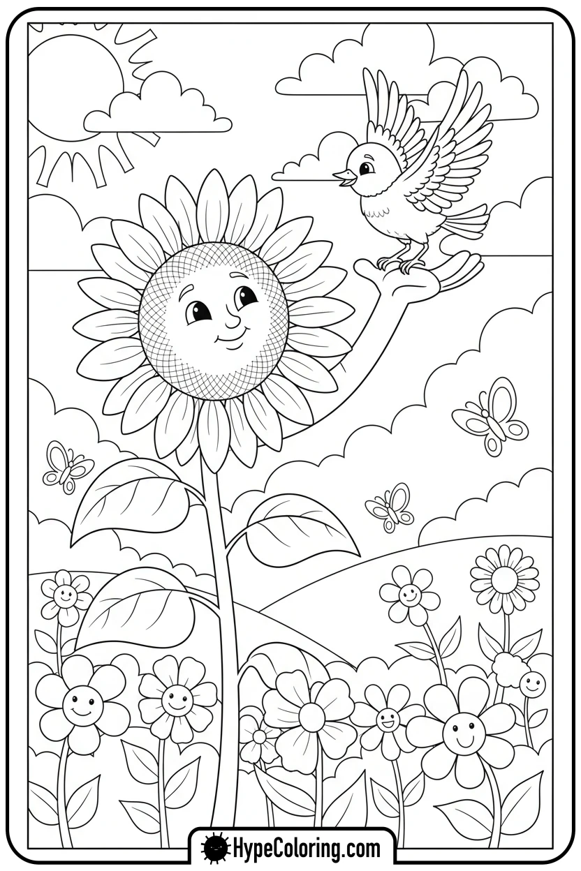 Click to download PDF sunflower-helping-bird-take-flight - color page sunflower