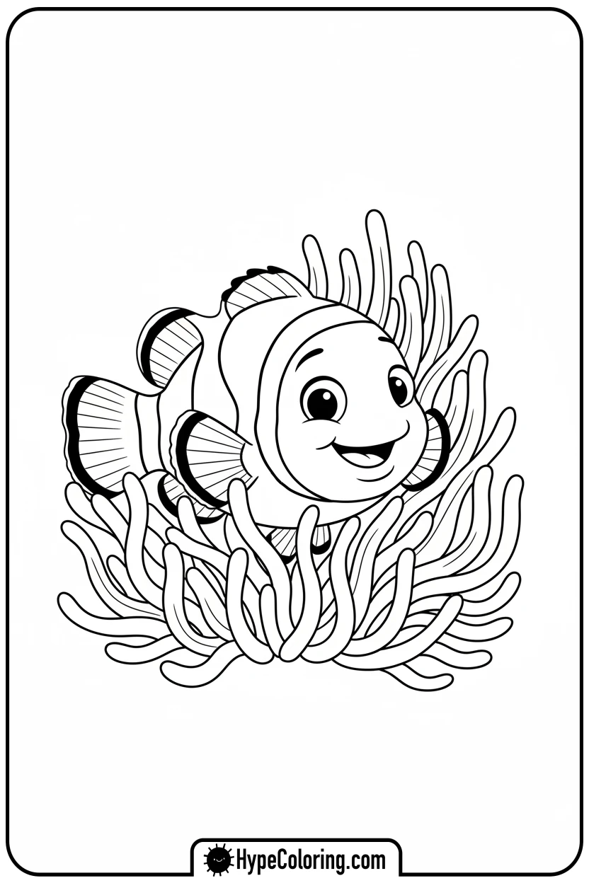 clownfish-peeking-from-anemone - coloring book pages of fish