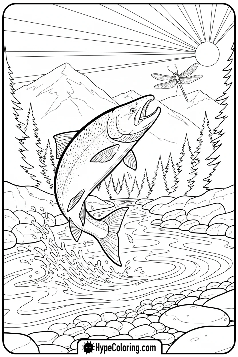 salmon-jumping-from-river - coloring book pages of fish