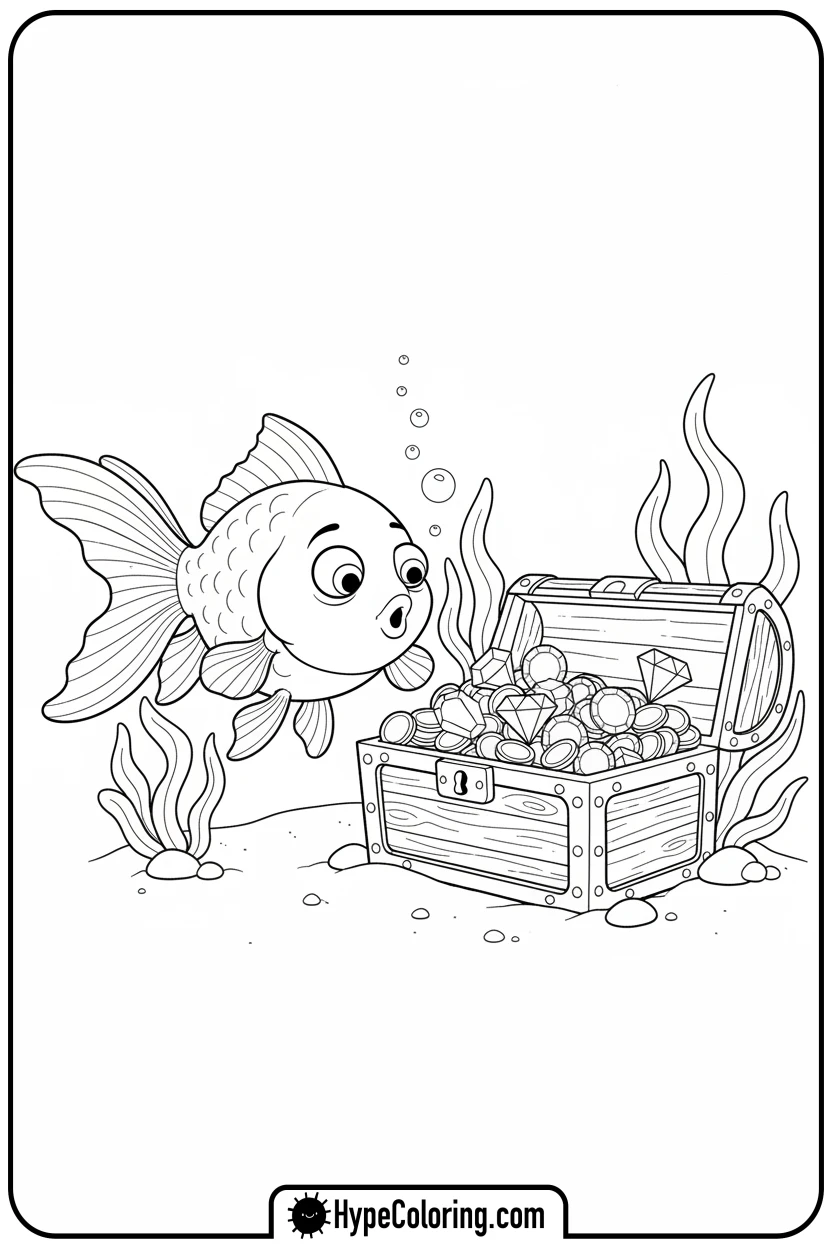 goldfish-finding-treasure-chest - coloring book pages of fish