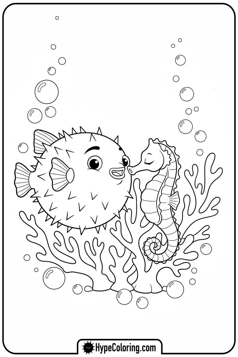 pufferfish-nudging-seahorse - coloring book pages of fish