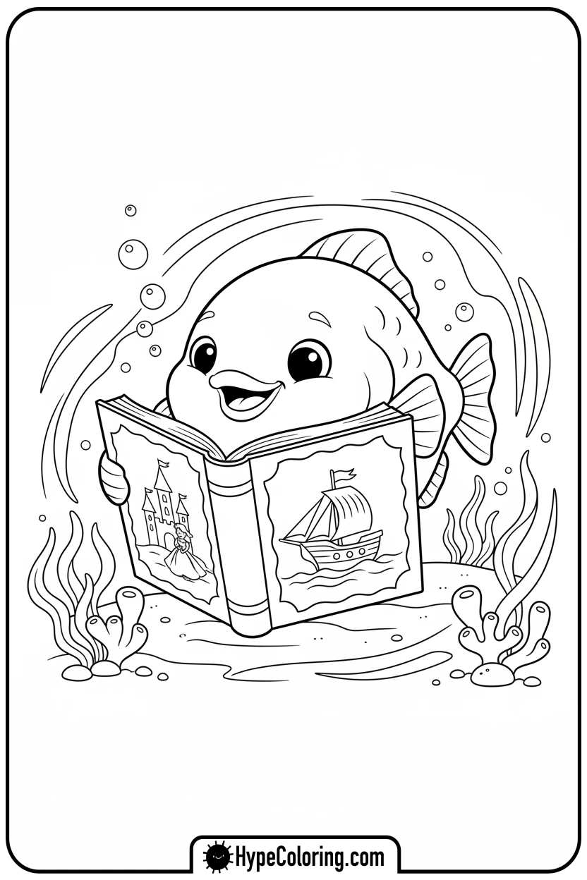 sunfish-reading-a-book - coloring book pages of fish