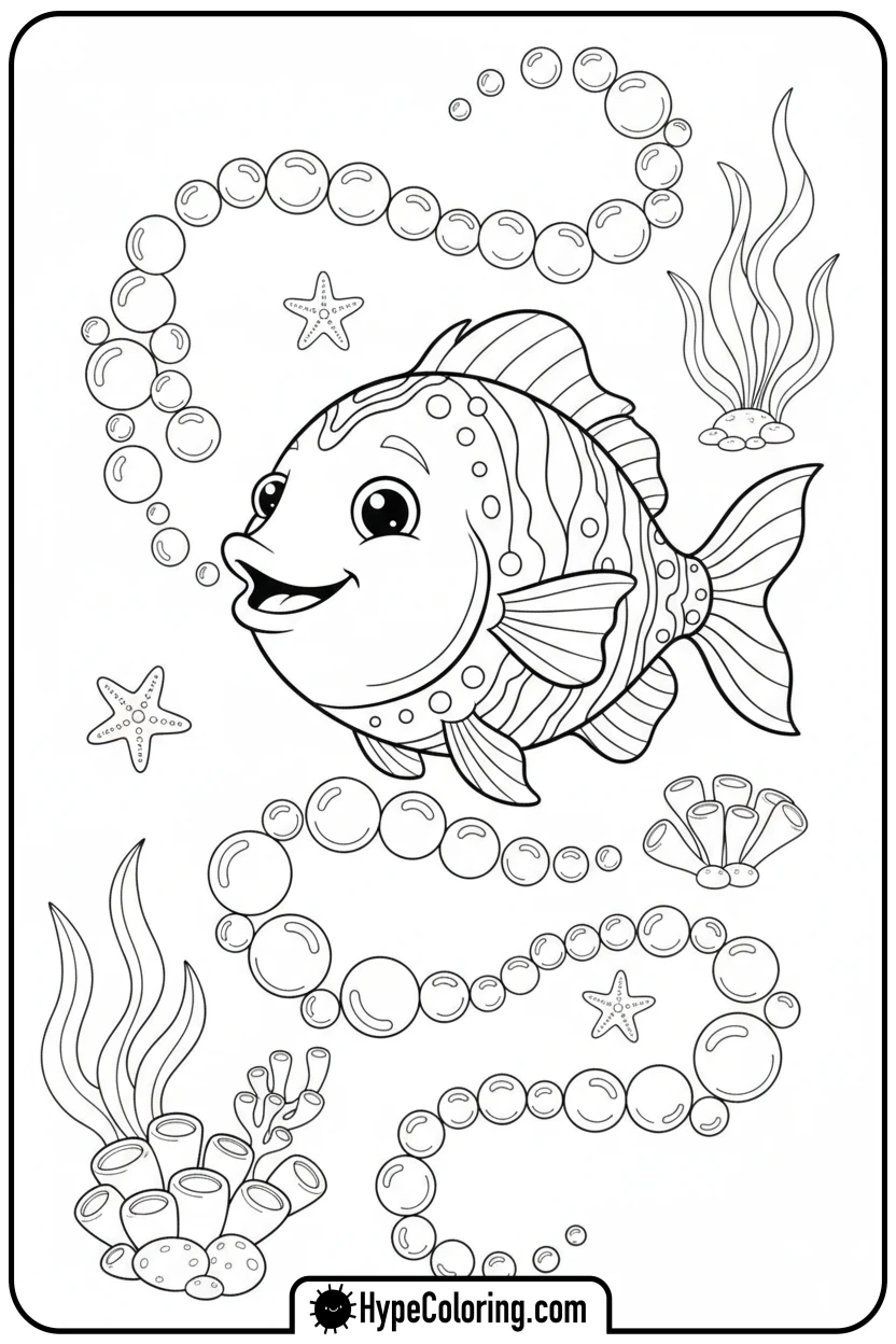 fish-blowing-curly-bubbles - coloring book pages of fish