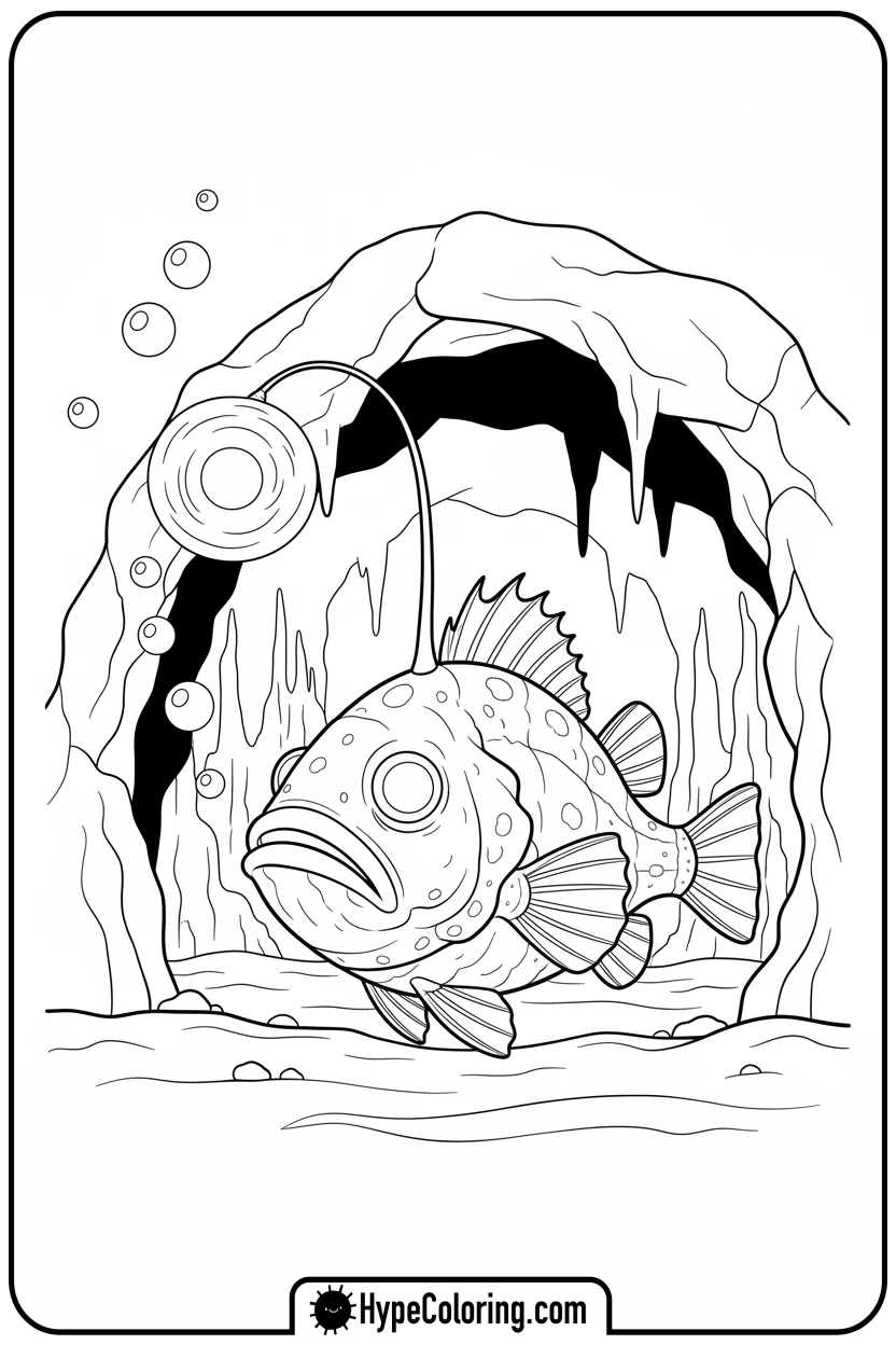 anglerfish-exploring-a-cave - coloring book pages of fish