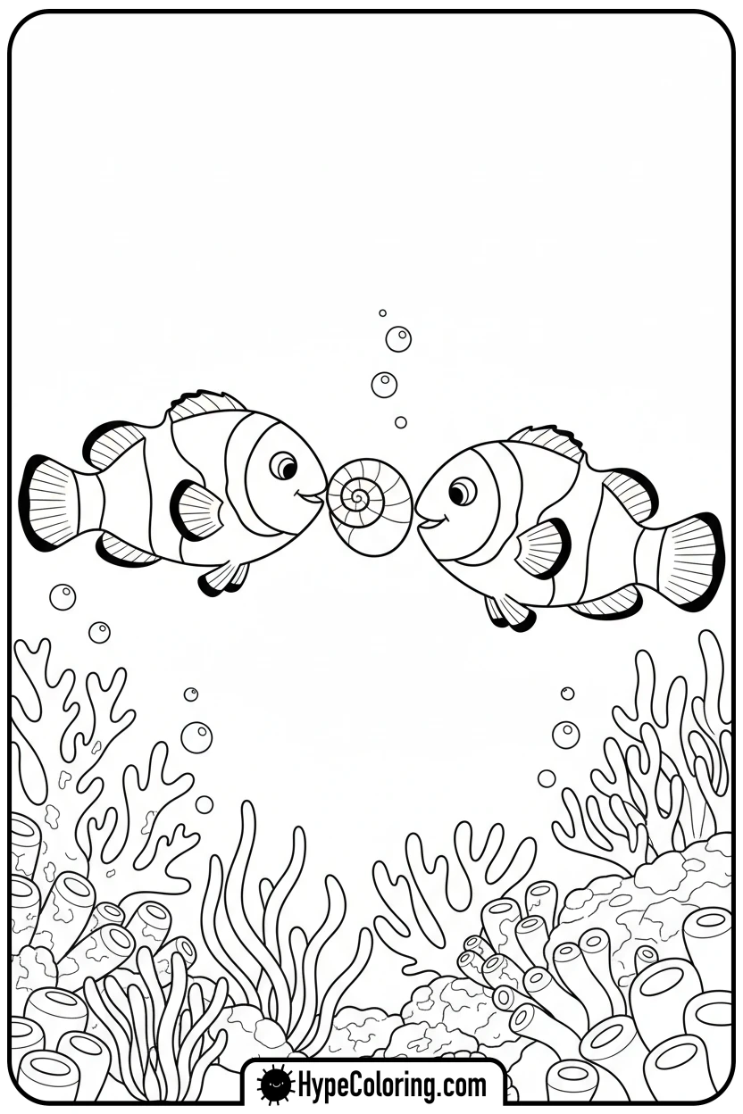 clownfish-playing-catch-with-shell - coloring book pages of fish