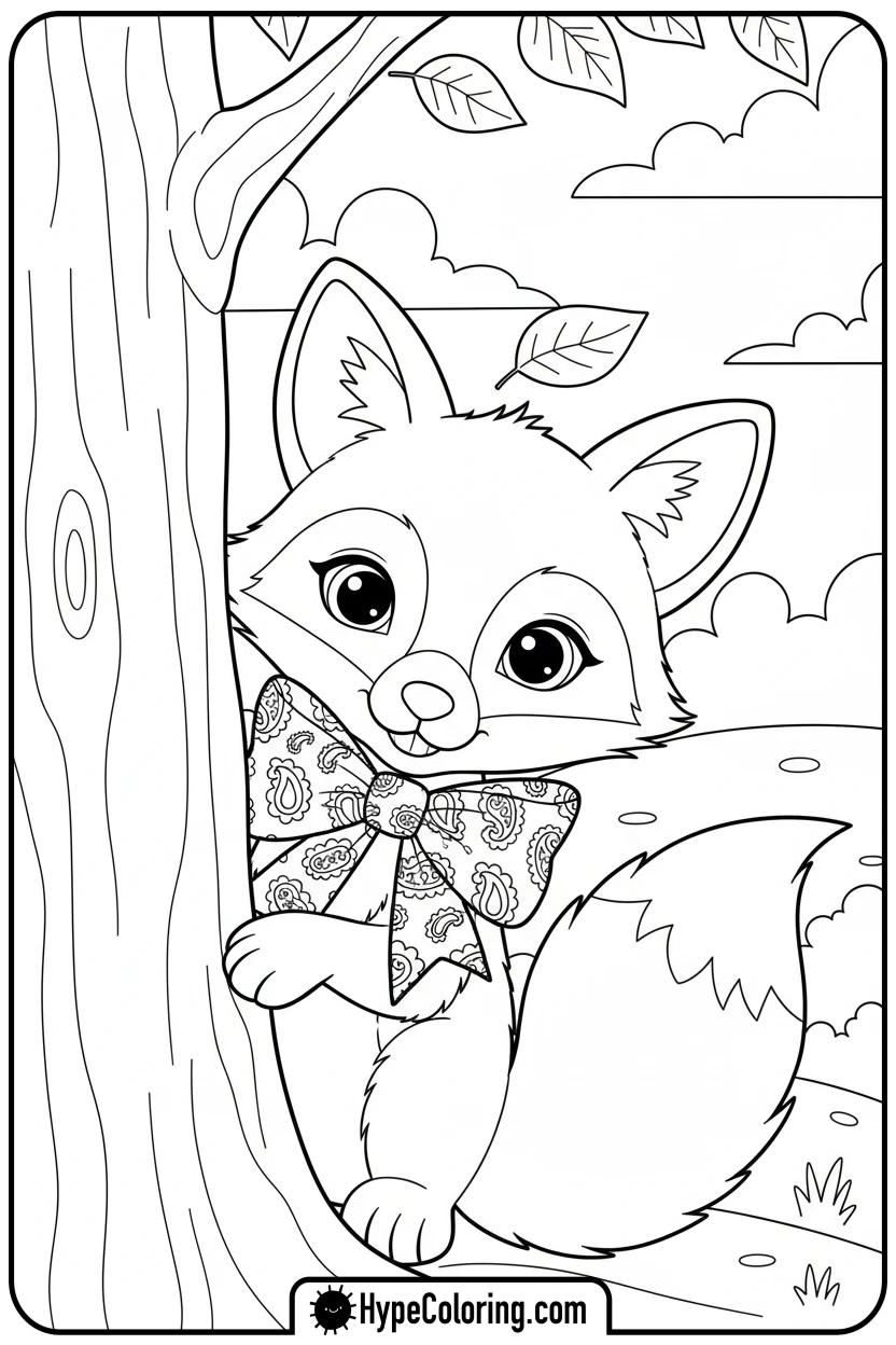 fox-cub-with-bow-peeking - coloring pages bows