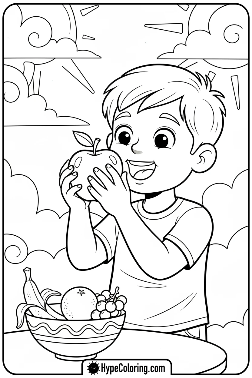 Click to download PDF child-eating-an-apple - coloring pages for mental health
