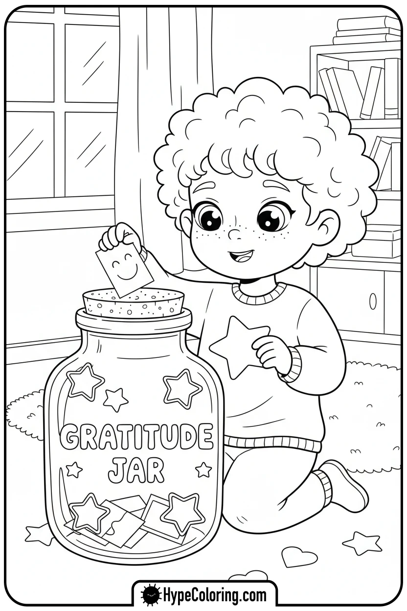 Click to download PDF child-decorating-a-gratitude-jar - coloring pages for mental health