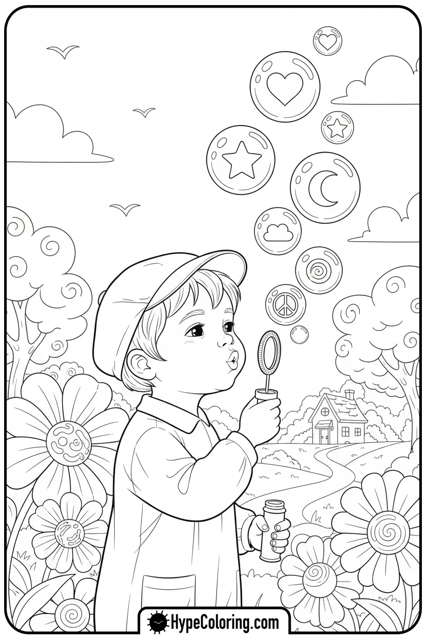 Click to download PDF child-blowing-bubbles-calmly - coloring pages for mental health