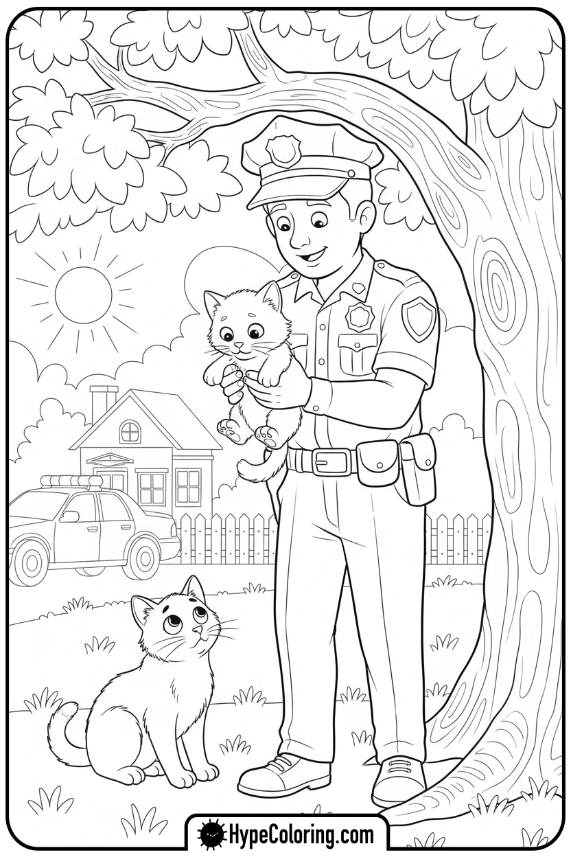 police-officer-rescuing-a-kitten - coloring pages for police