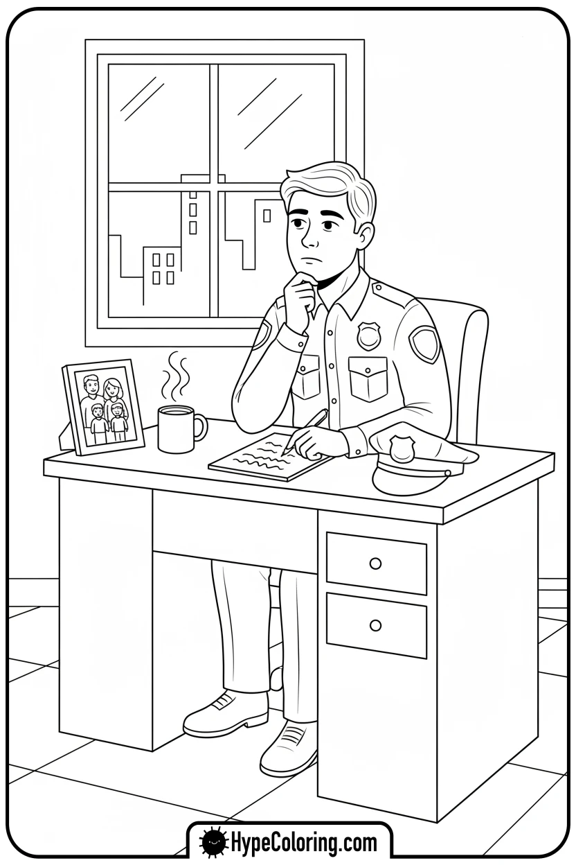 police-officer-at-desk-thoughtfully - coloring pages for police