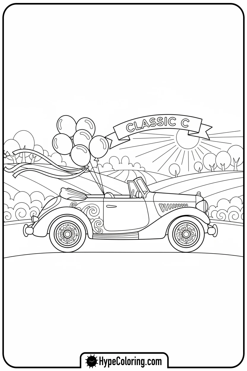 vintage-car-with-balloons - coloring pages for the letter c