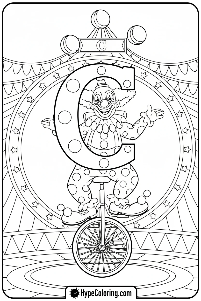 clown-juggling-on-unicycle - coloring pages for the letter c