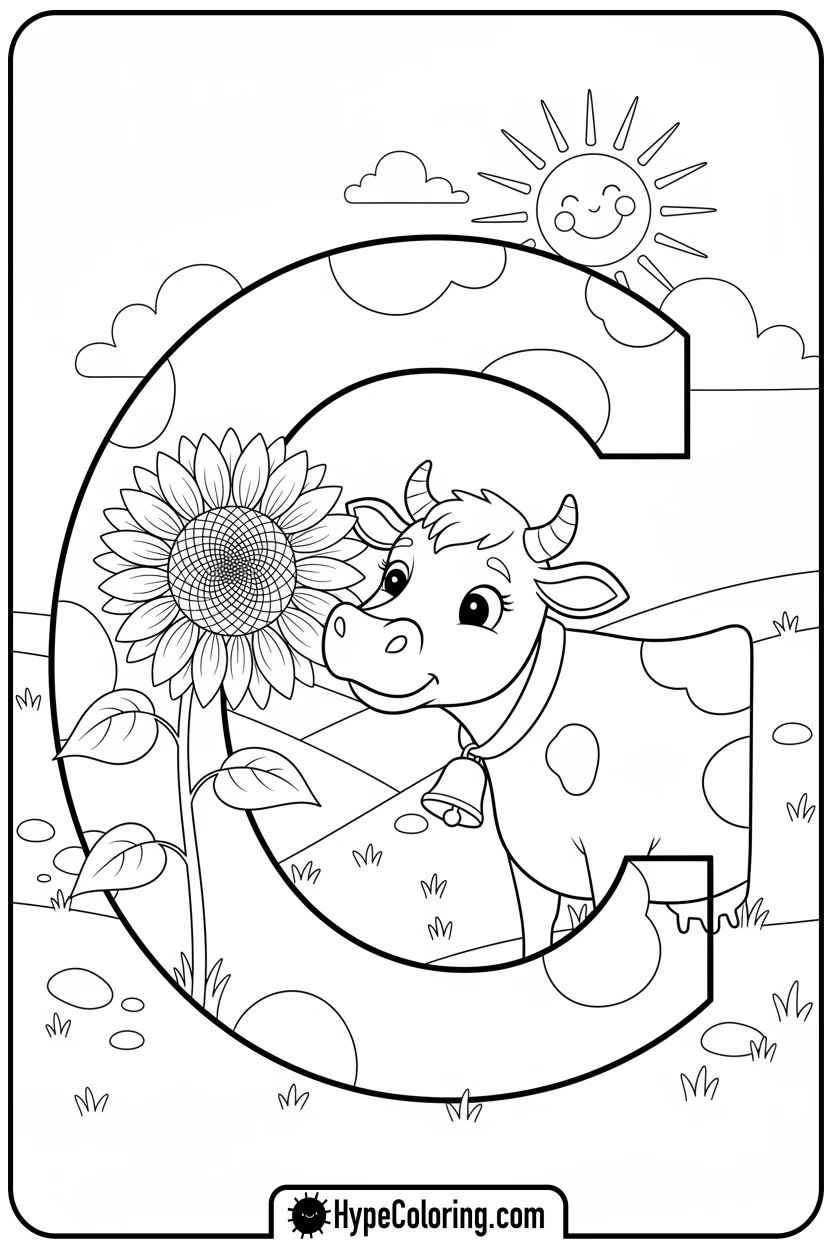 cow-sniffing-sunflower - coloring pages for the letter c