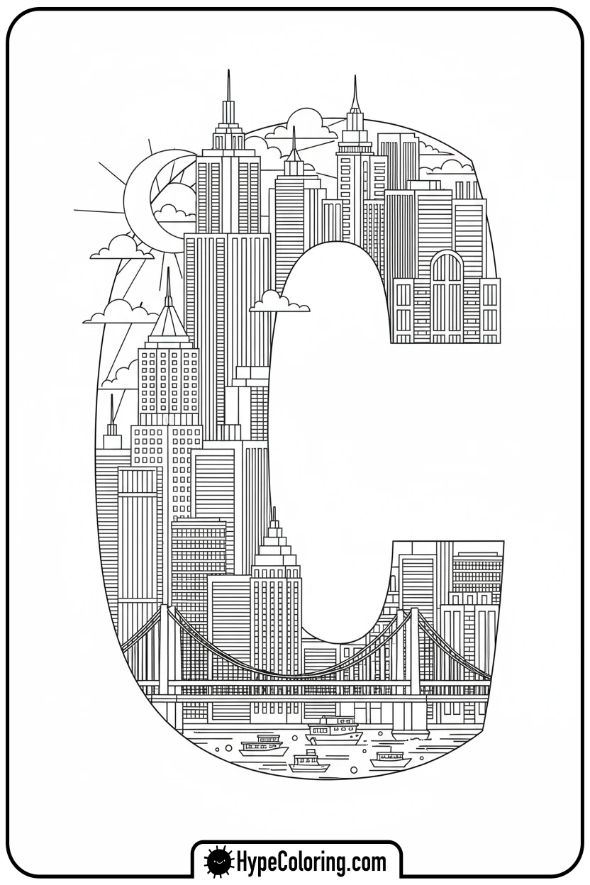 city-skyline-at-sunset - coloring pages for the letter c