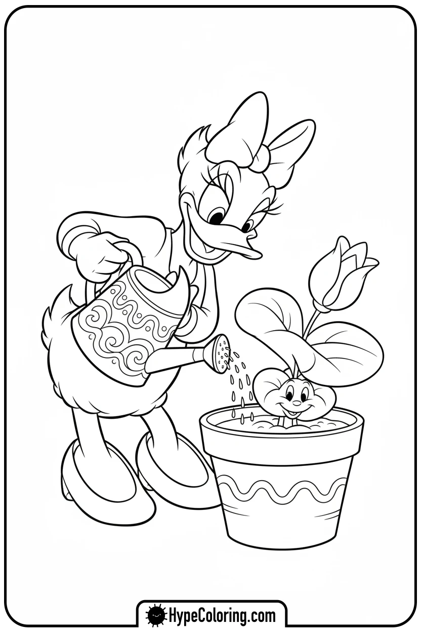 daisy-watering-a-plant-in-a-pot - daisy coloring pages