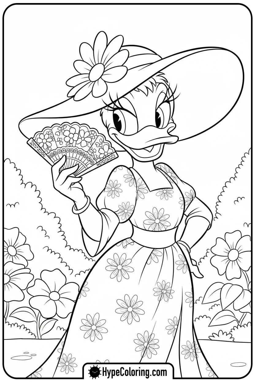 daisy-with-a-fancy-sun-hat-and-fan - daisy coloring pages