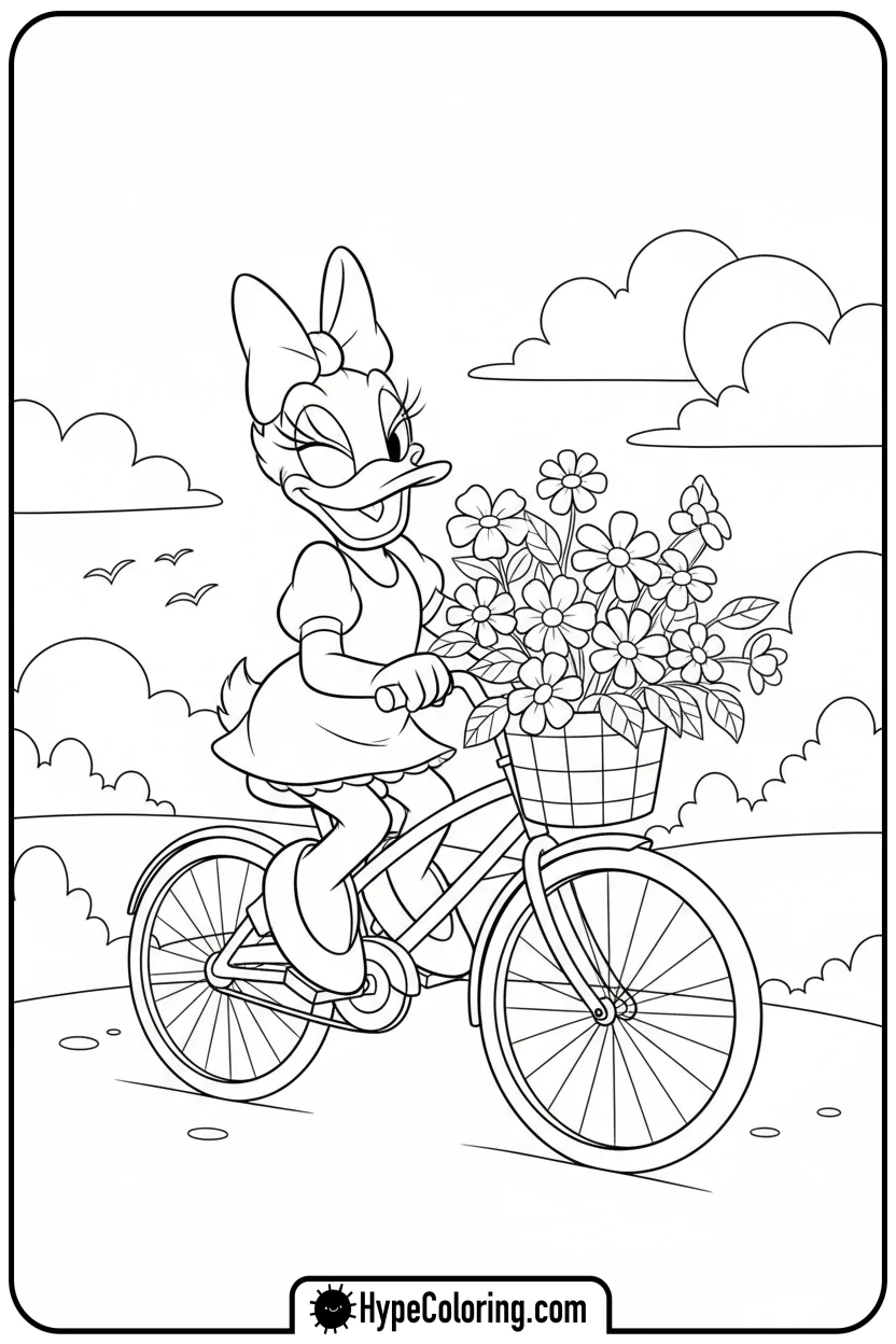 daisy-riding-a-bicycle-with-flowers - daisy coloring pages
