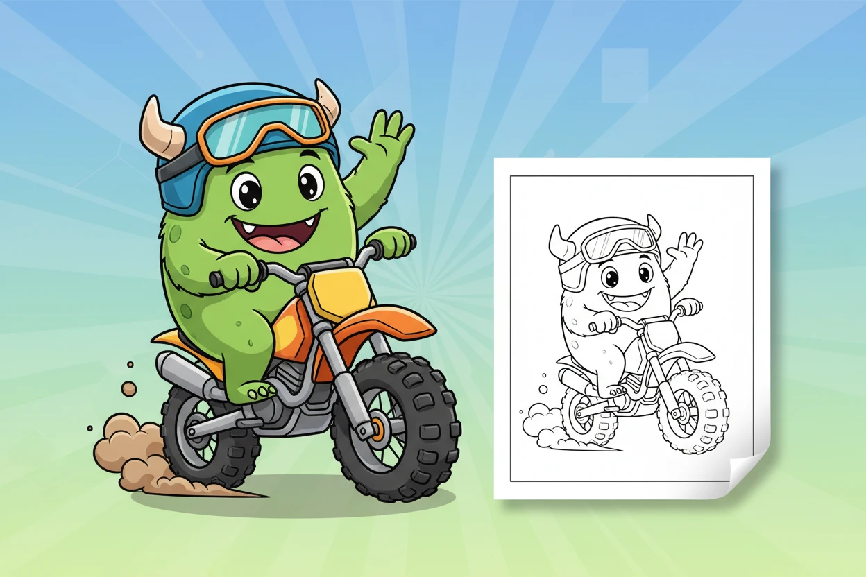 a-friendly-cartoon-monster-character - dirt bike coloring page