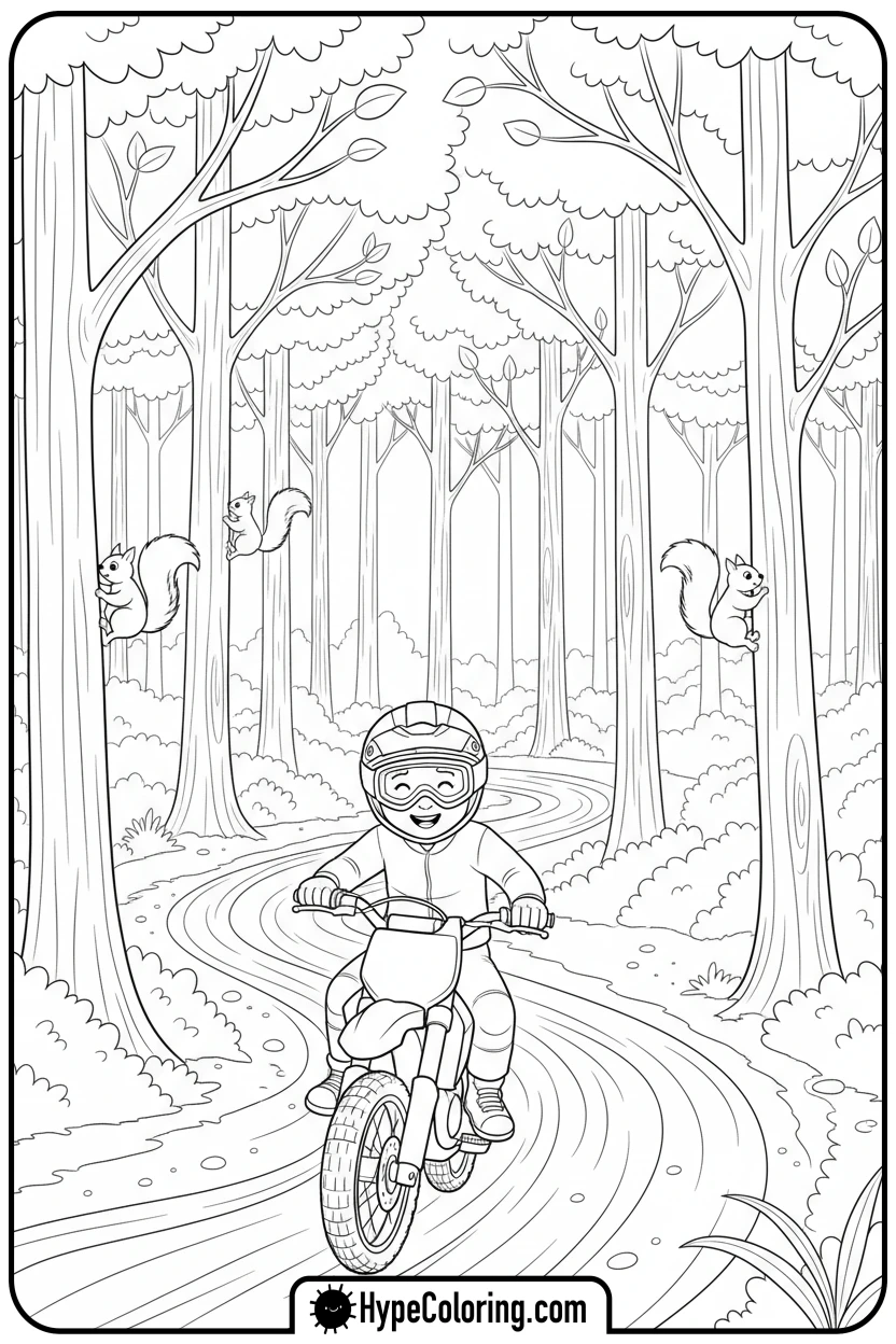 child-riding-dirt-bike-in-forest - dirt bike coloring page