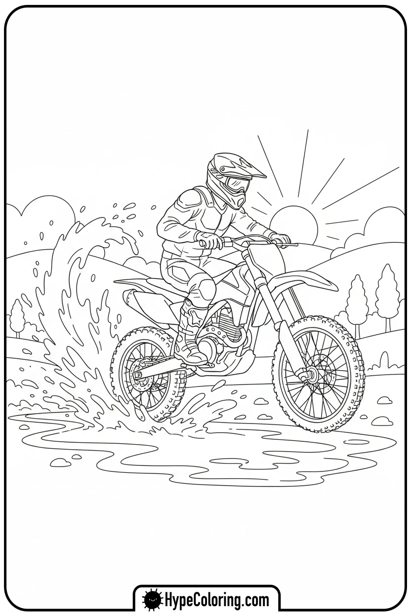 dirt-bike-splashing-through-mud - dirt bike coloring page