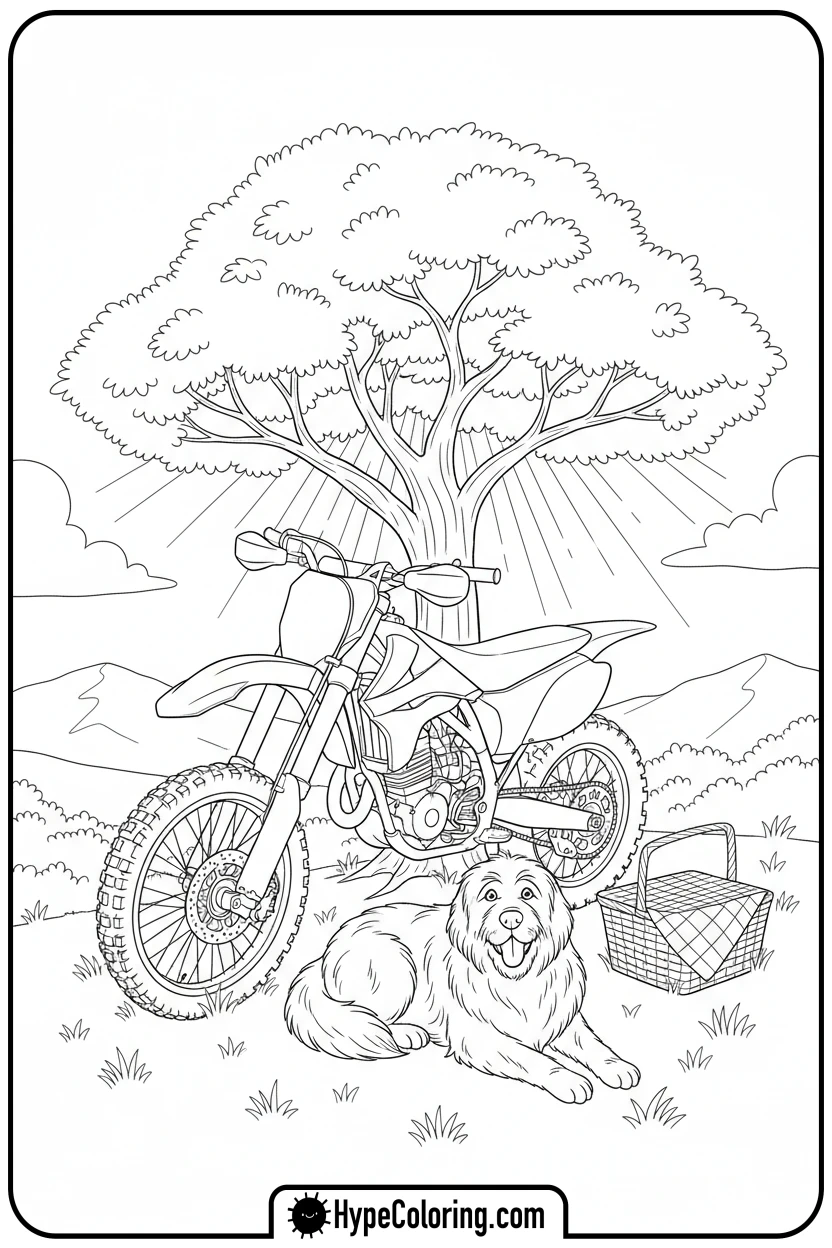 dirt-bike-and-dog-resting - dirt bike coloring page