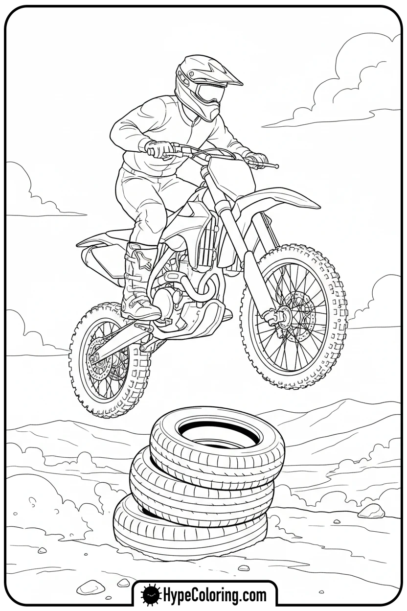 dirt-bike-jumping-over-tires - dirt bike coloring page
