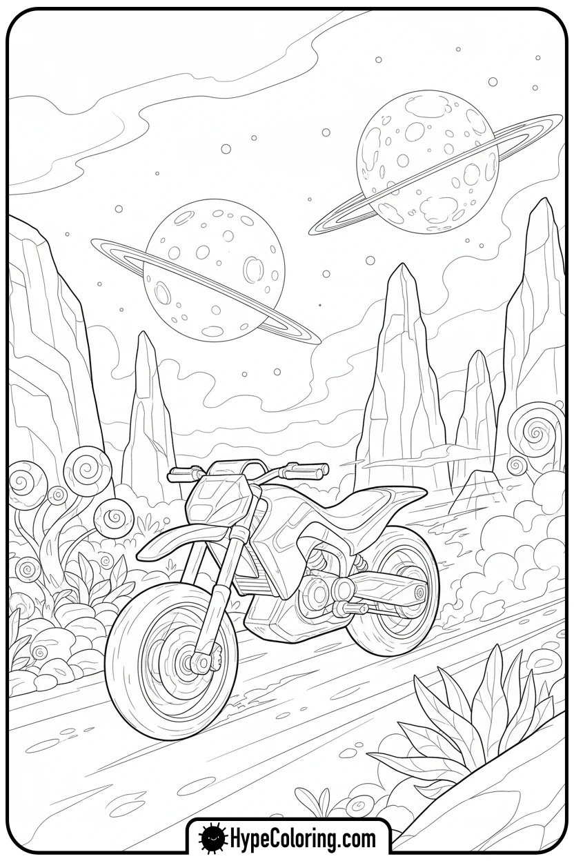 futuristic-dirt-bike-alien-world - dirt bike coloring page