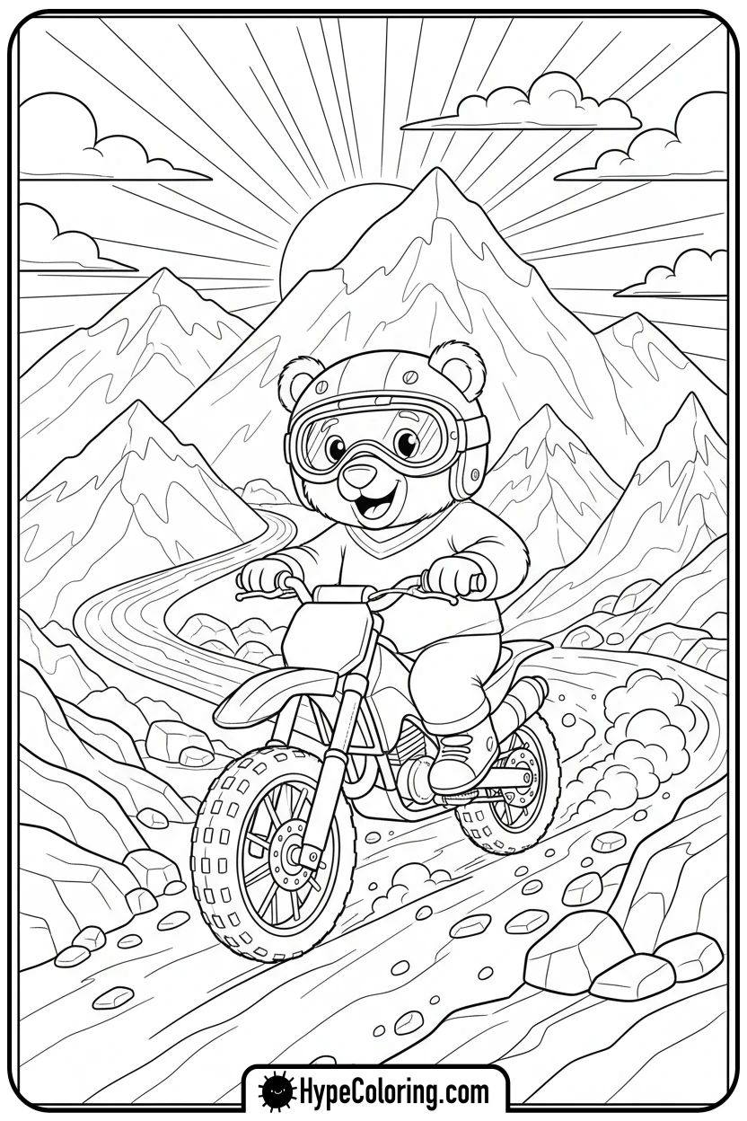 bear-riding-dirt-bike-rocky-trail - dirt bike coloring page