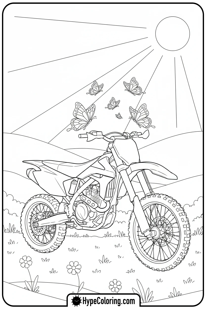 dirt-bike-in-a-sunny-field-with-butterflies - dirt bike coloring page
