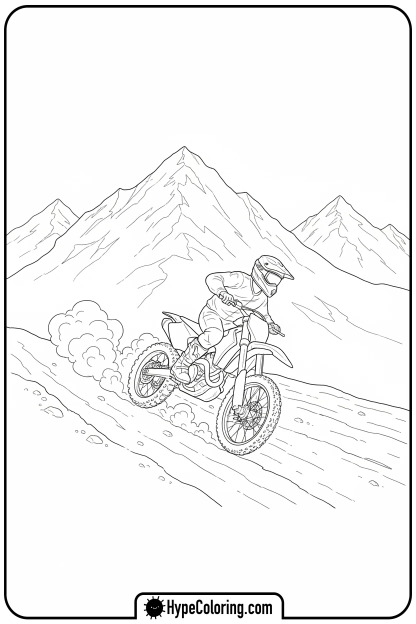 dirt-bike-descending-slope-mountains - dirt bike coloring page