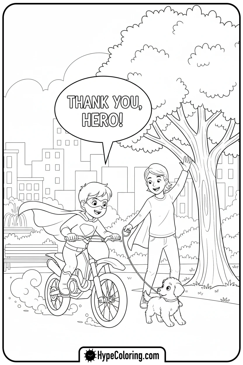 superhero-dirt-bike-helping-puppy - dirt bike coloring page