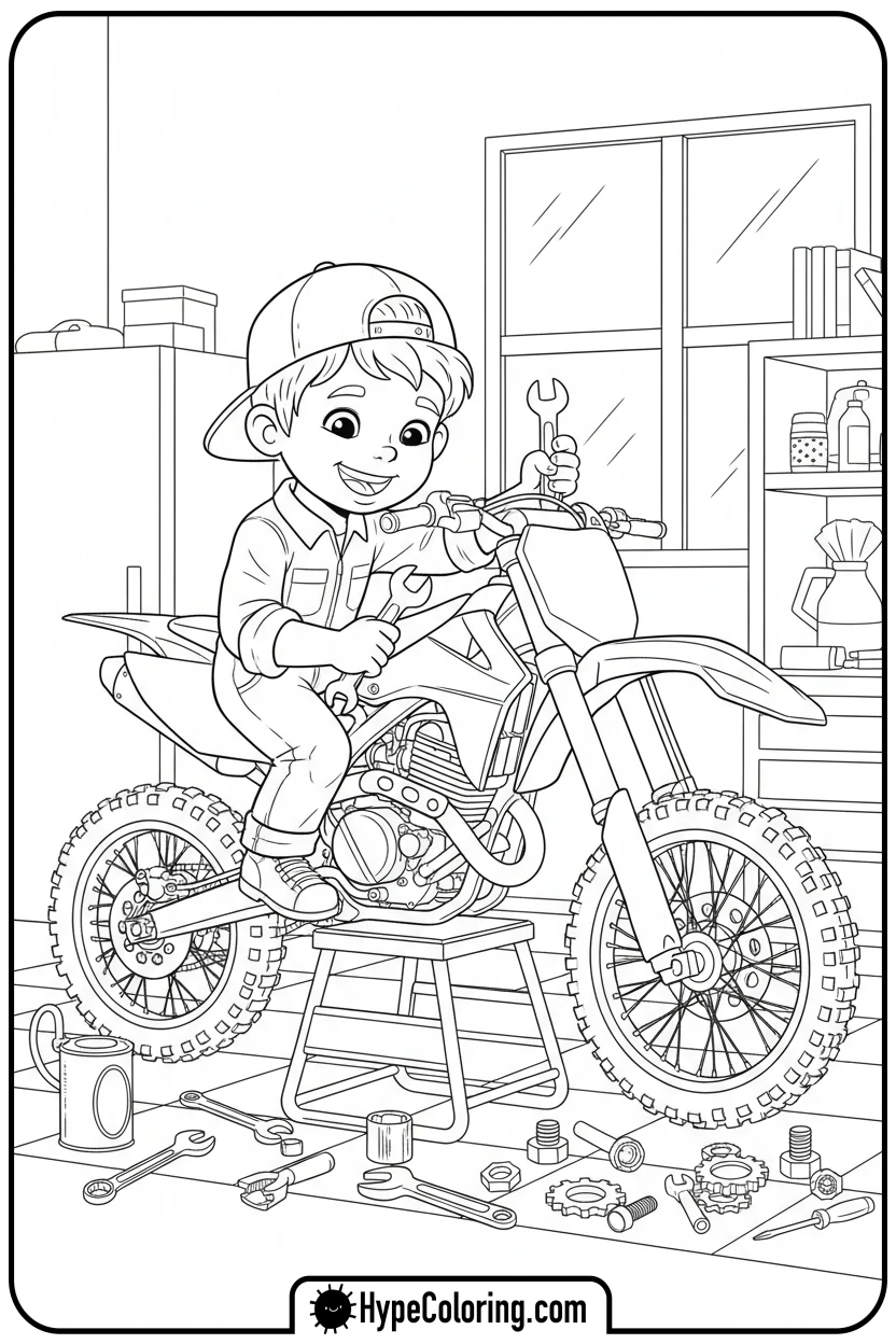 child-mechanic-fixing-dirt-bike - dirt bike coloring page