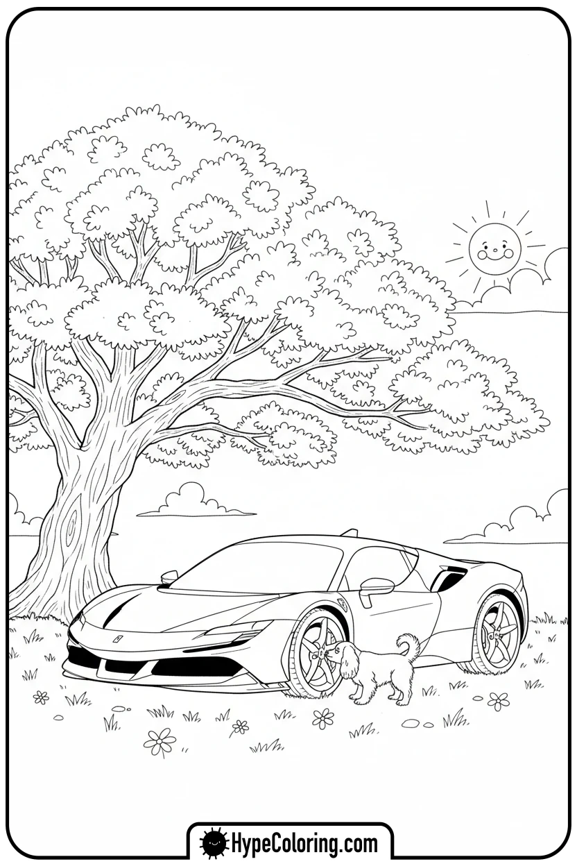 ferrari-parked-under-tree-with-dog - ferrari coloring pages