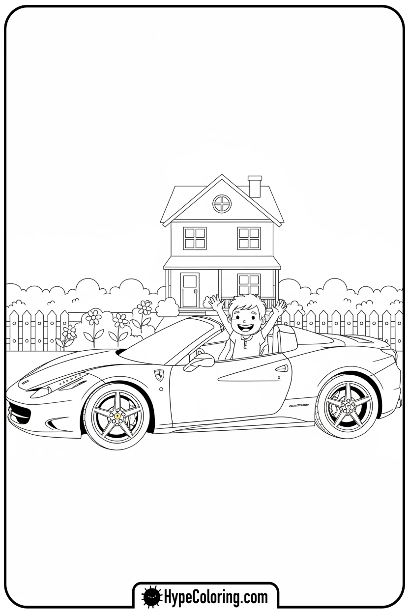 child-waving-from-ferrari - ferrari coloring pages