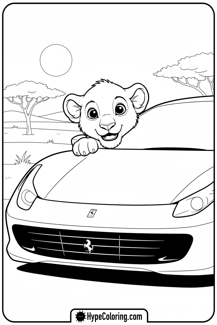 lion-cub-with-ferrari - ferrari coloring pages