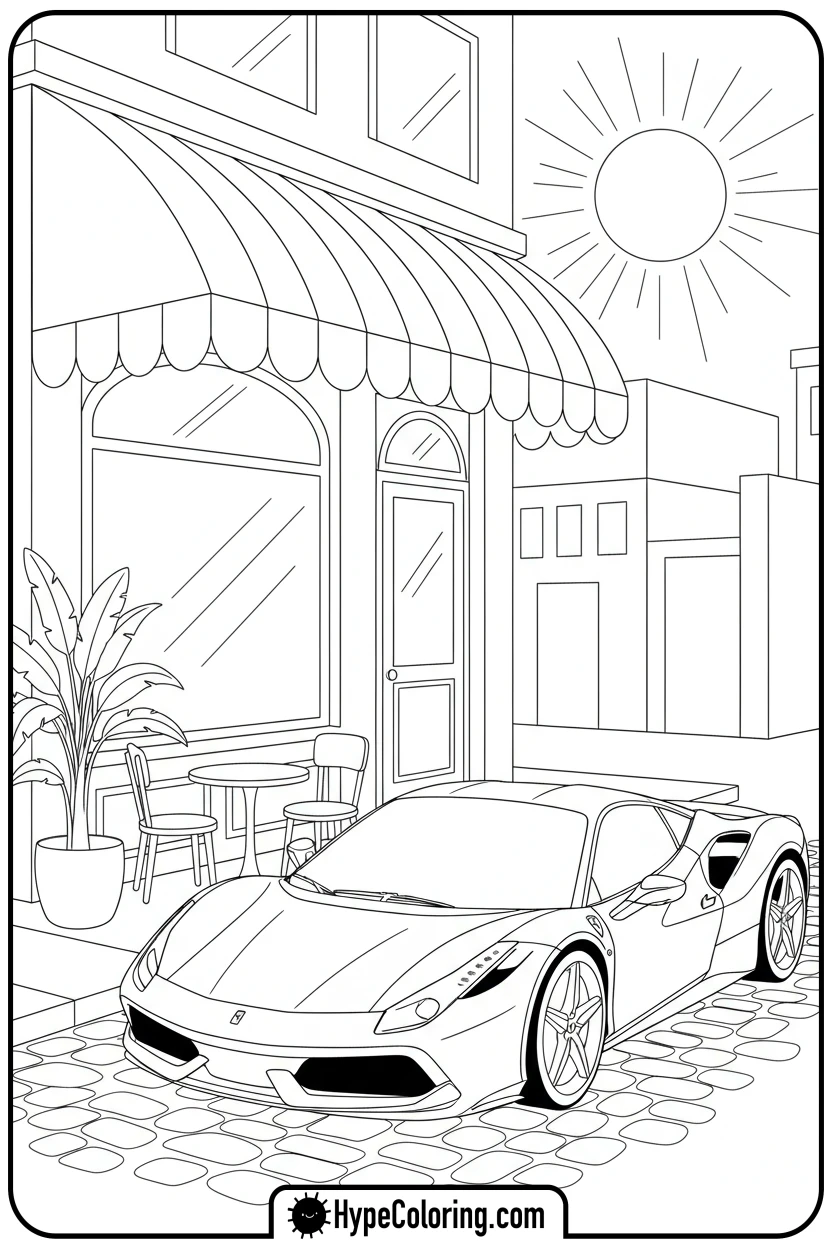 ferrari-outside-cafe - ferrari coloring pages