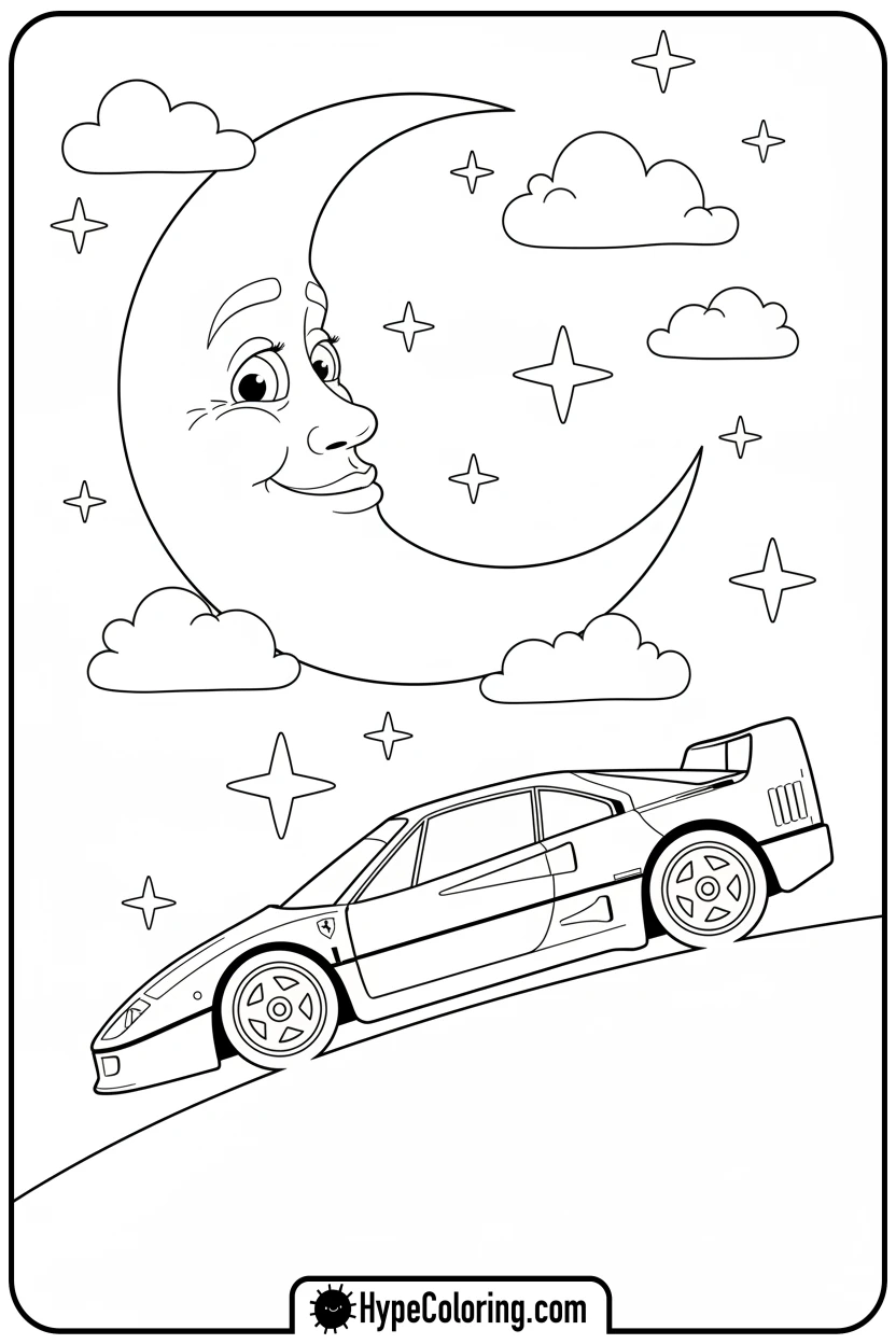 ferrari-under-moon-and-stars - ferrari coloring pages