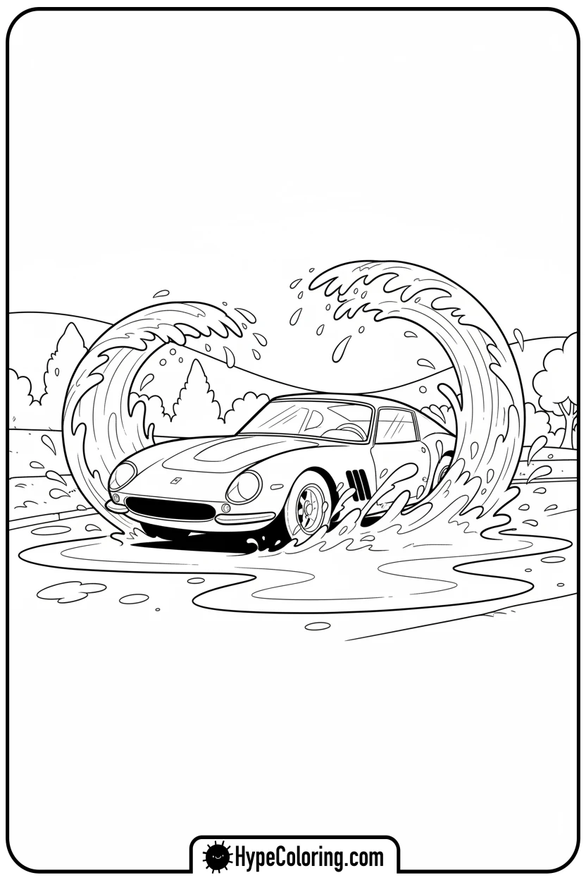 ferrari-splashing-through-puddle - ferrari coloring pages
