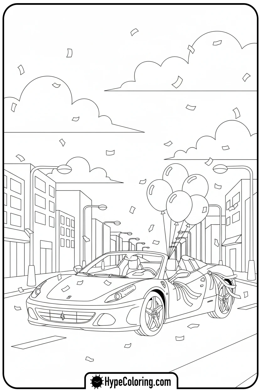 ferrari-in-parade-with-balloons - ferrari coloring pages