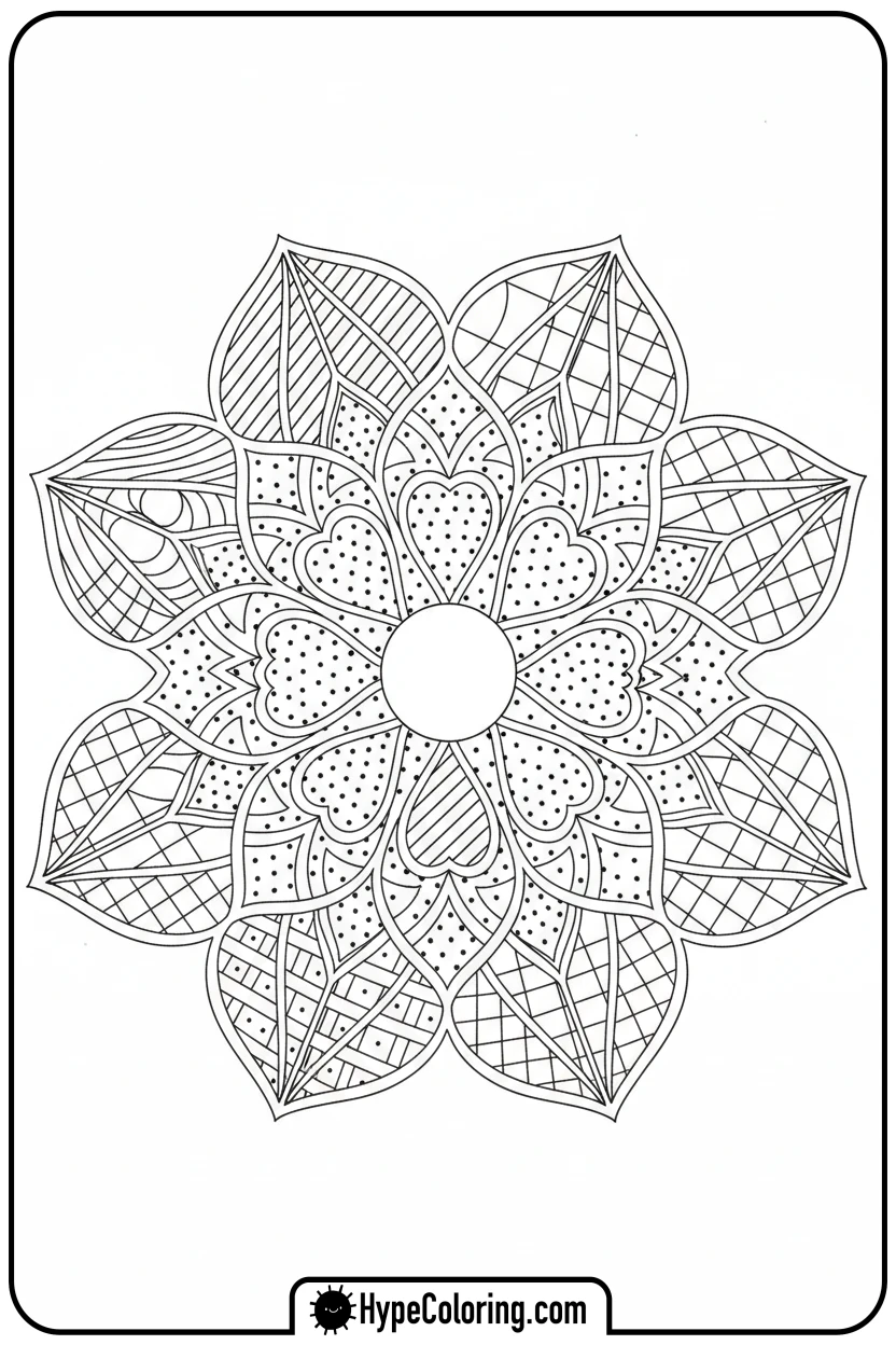 symmetrical-flower-mandala-with-patterned-petals - flower mandala coloring pages